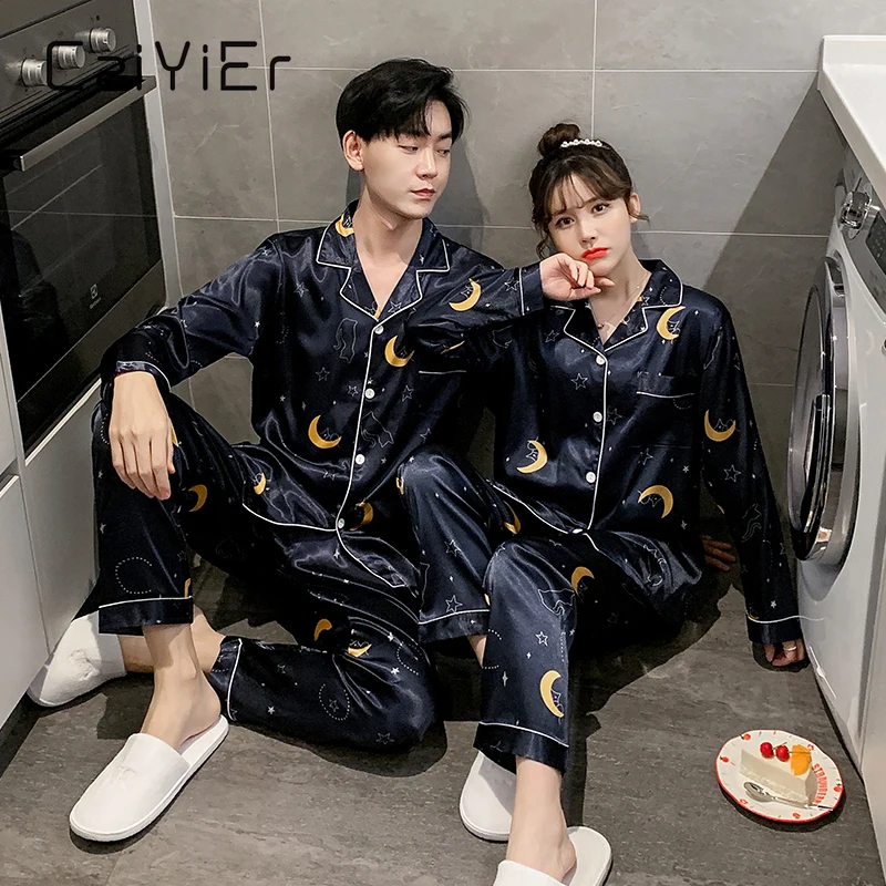 CAIYIER Autumn Winter Cute Print Silk Pajama Set Loose Men And Women Nightwear Long Sleeve Long Pants Sleepwear Loungewear M-3XL