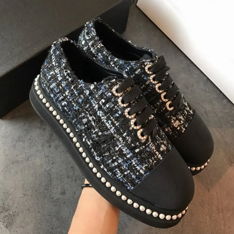 Euro Brand New Lace Up Pearls Womens Panelled Tweed Shoes Vintage Round Toe Thick Bottom Casual Female Platform Streetwear | Обувь
