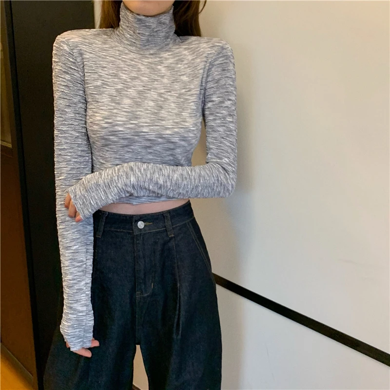 

Woman Tshirts 2021 Spring and Autumn New High-necked Long-sleeved Bottoming Shirt Rainbow Color Short Thin Crop Top T Shirt