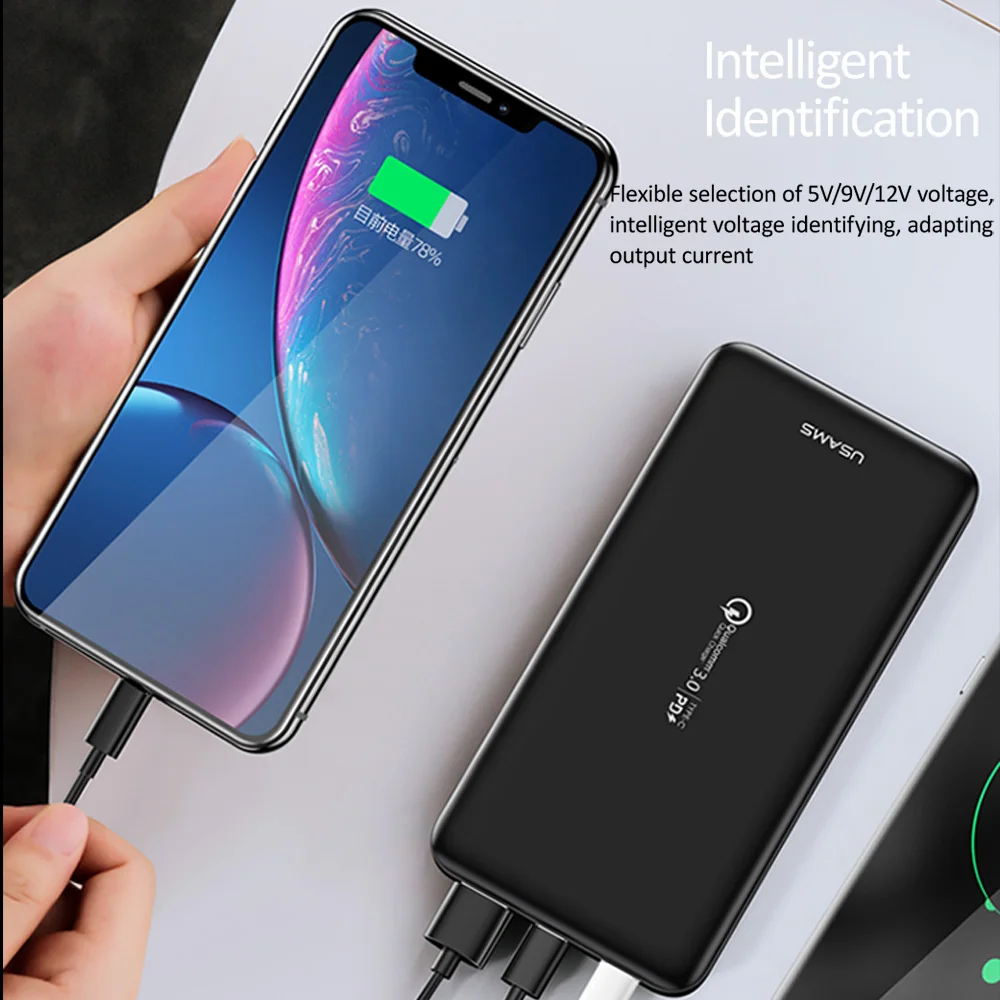USAMS 10000 мАч быстрая зарядка банк питания PD QC 3 0 блок type C USB зарядное устройство для