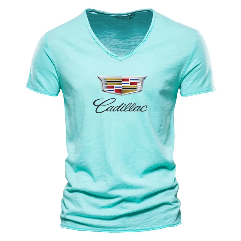 

2021 New men's V-neck CADILLAS car logo printing T-shirt bodybuilding spring and summer breathable short-sleeved shirt for men