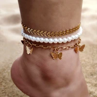 2021 new metal butterfly charms multilayer chain anklet bracelet for women golden metal fishbone chain pearl ankle chain jewelry