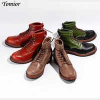 yomior brand new style winter men boots genuine leather lace up vintage high quality tooling white ankle boots motorcycle boots