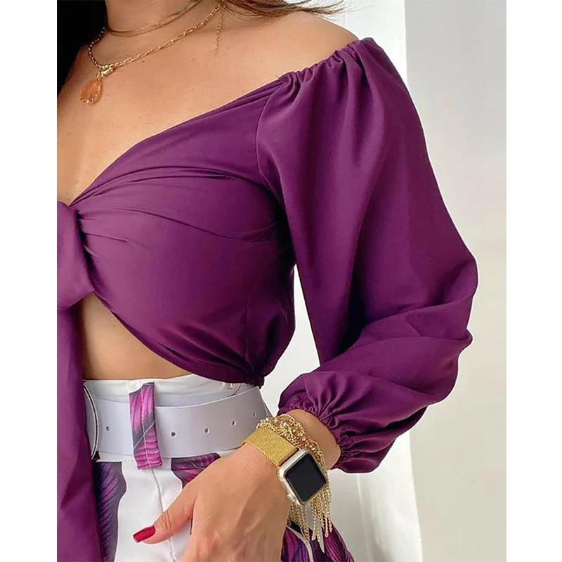 

Fashion Two Piece Shorts Set Casual Wear Suits Two Piece Floral Print Long Sleeve Knotted Crop Top & High Waist Shorts Set