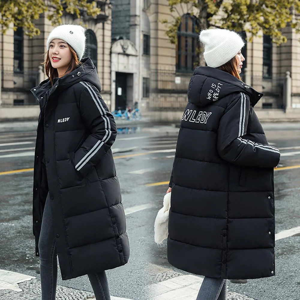 

Женская зимняя Длинная Верхняя одежда с хлопковой подкладкой и капюшоном, Женская свободная теплая утепленная куртка большого размера с на...