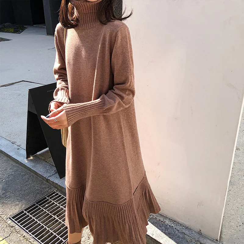 Woolen Skirt 2020 New Pleated Turtleneck Knitted Mid-Length Jersey Dress Women women sweater womens knitted | Женская одежда
