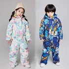 Детский цельный лыжный костюм для девочек, сиамский водонепроницаемый уличный сноуборд для мальчиков, куртка, теплый мультяшный комбинезон с капюшоном, детский лыжный комплект