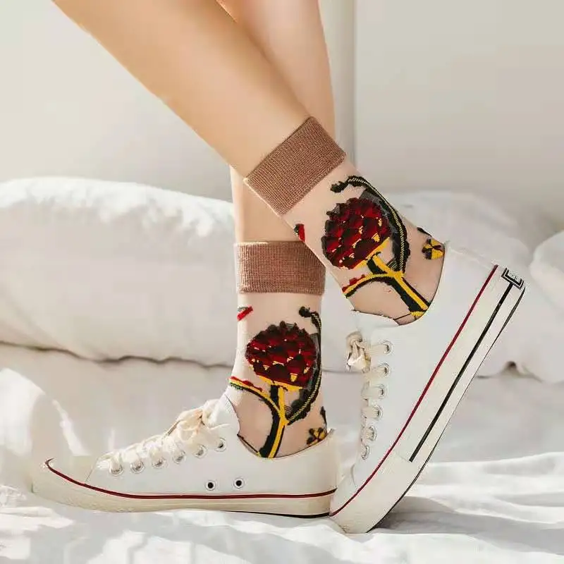 

AOMU 2021 1Set Novelty Harajuku New Crystal Silk Tide Socks Sunflowers Vines Flowers Happy Socks for Women Casual Socks