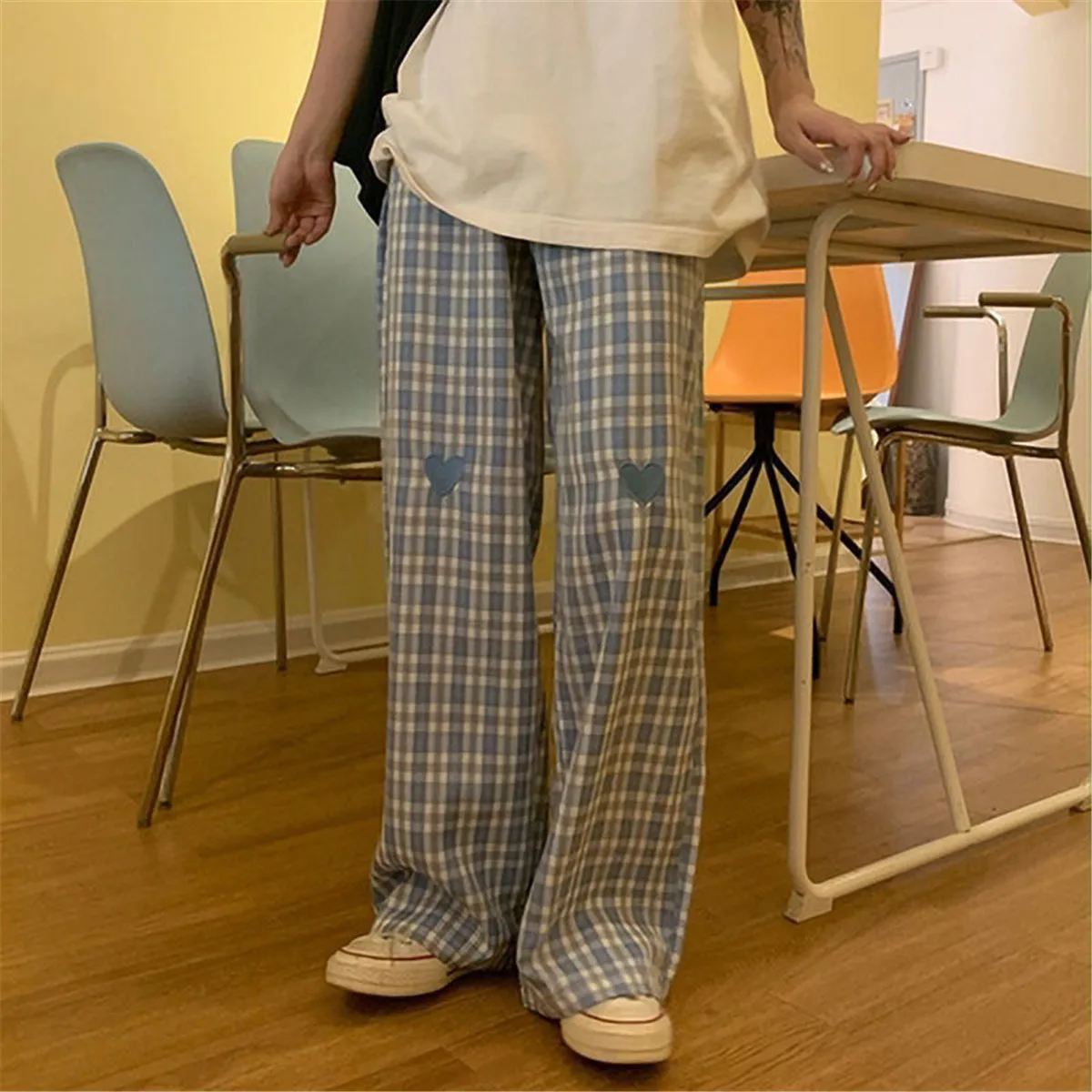 

Summer Cool Plaid Pants Harajuku Punk Pants Heart Embroidery Autumn Trousers Korean Fashion Funny Hip Hop Japan Pants Women