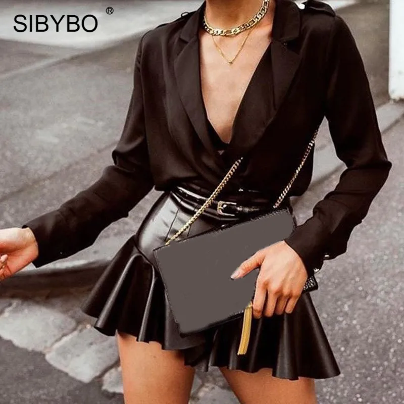 Женские юбки из искусственной кожи SIBYBO с оборками высокой талией трапециевидная