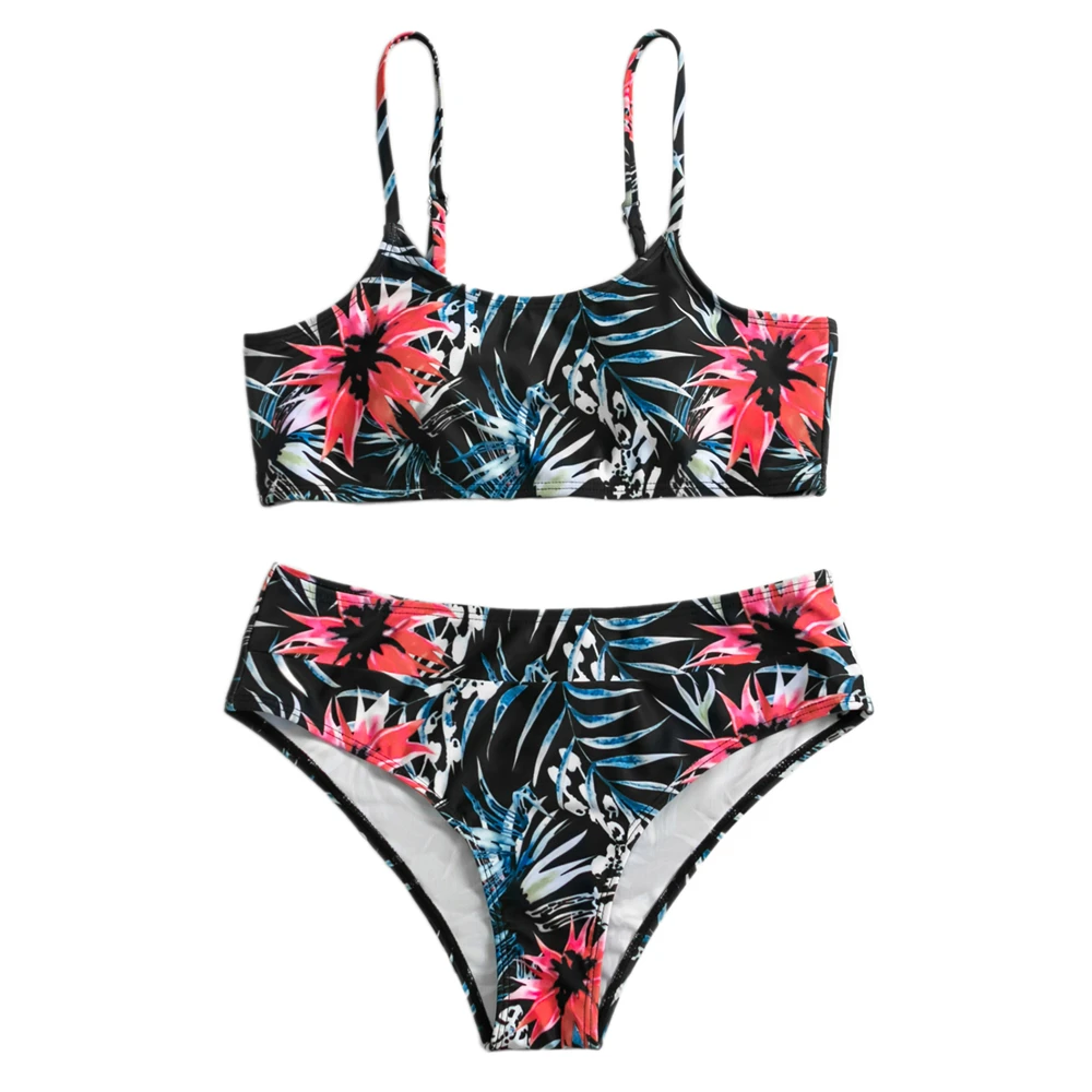 

Flower Ruffle Bikini Solid Swimsuit Female High Waist Swimwear Print String Bating Suit Women Biquini Mujer Halter Bikini
