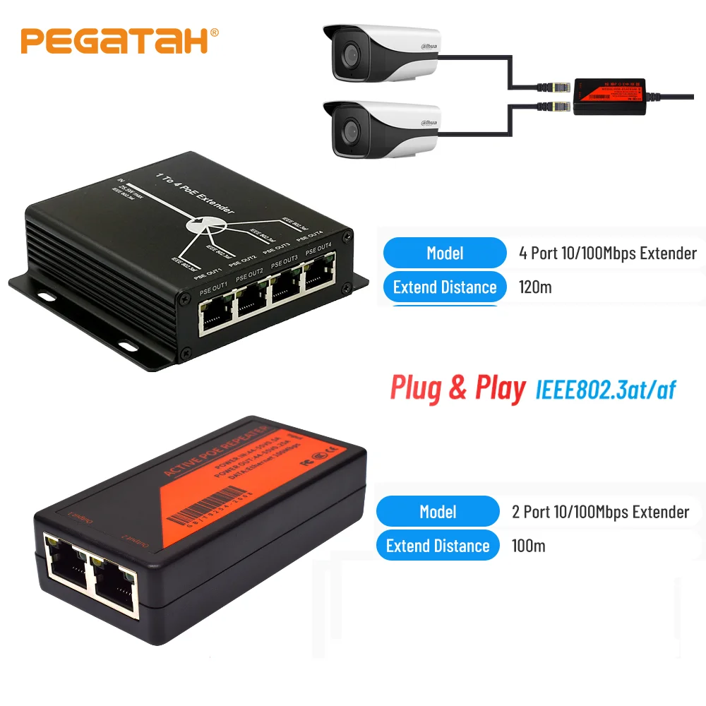 Мини-удлинитель POE, 10/100 м, 4 порта, 25,5 Вт, 120 м, сетевые устройства IEEE802.3af POE Plug-and-Play от AliExpress WW