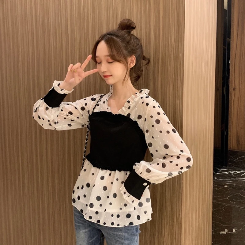 

Korean Women's Clothing Blouse spring summer sweet shirts Female fashion brands chiffon long sleeve polka dot tops new clothes