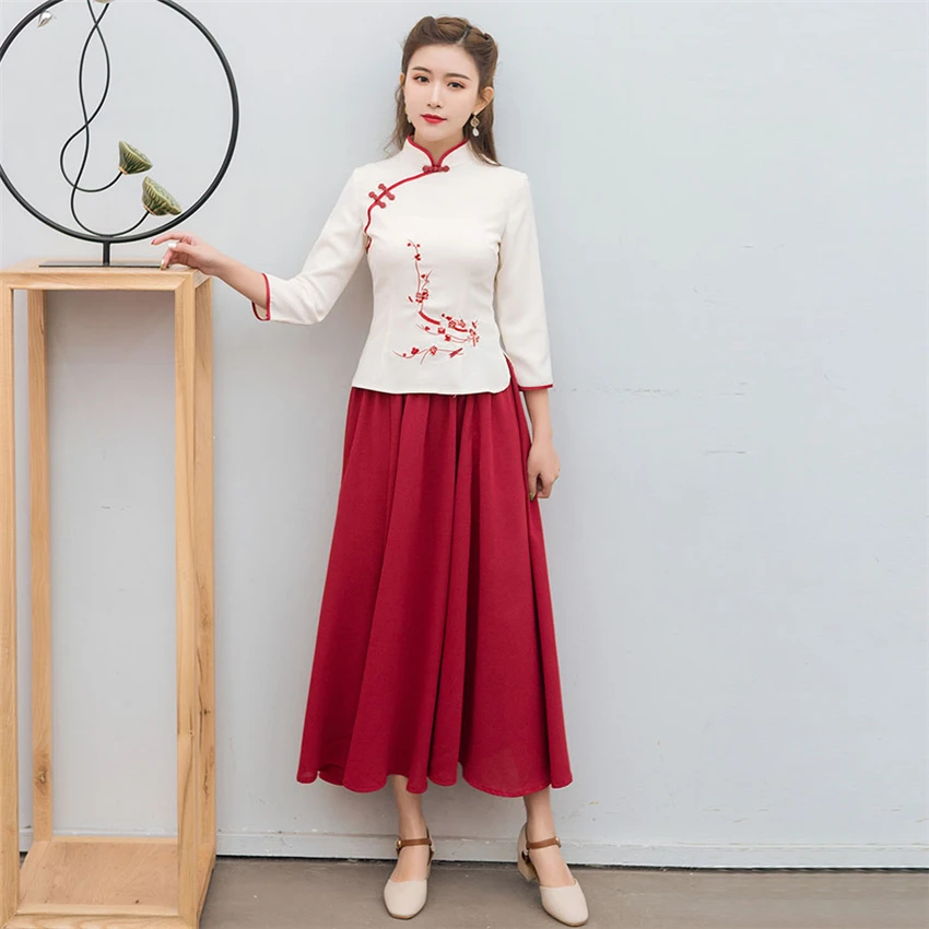 Традиционная китайская одежда для женщин новые юбки Cheongsam Топ Hanfu Новогодняя винтажная китайская рубашка Стиль Тан костюм