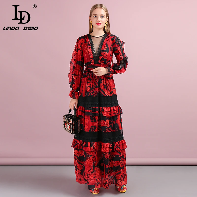 Женское платье с длинным рукавом LD LINDA DELLA модельное дизайнерское кружевное