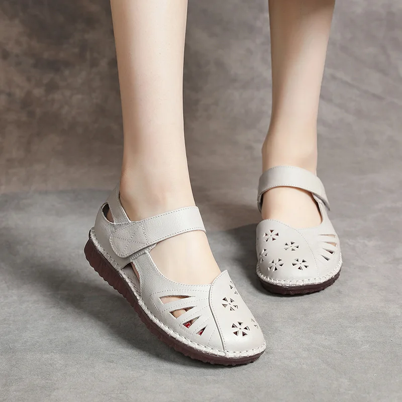 

2021 Summer Female Sandal Shoes Large Size Soft Breathable Girls Big Low Flat Closed New Comfort Beige Fretwork Fabric PU Cover
