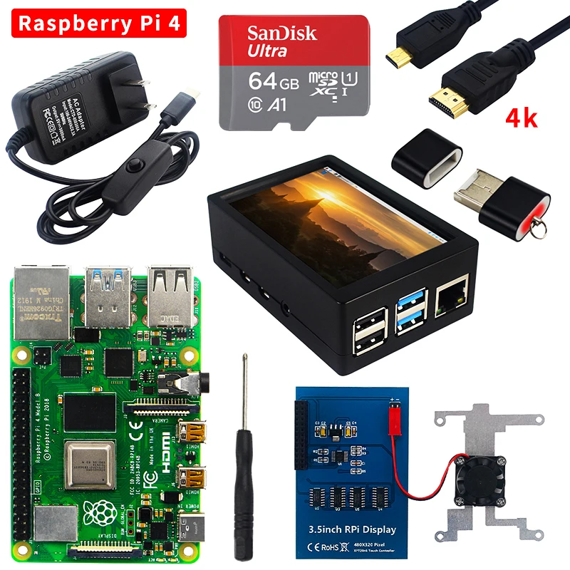 Ventilador de Refrigeração Cabo de Vídeo + Fonte de Alimentação para Raspberry Ram + Cartão Raspberry Modelo Kit 2gb – 4gb 8gb sd Case 4k hd 4b pi 4 b