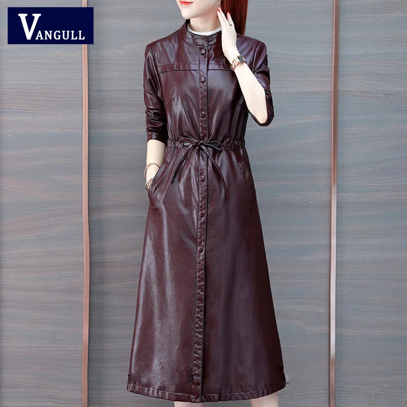Vangull leather кожаная куртка женская мода тонкий ремень Длинная женская куртка PU мотоциклетная осенне-зимняя верхняя одежда шикарное пальто