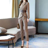 new spring autumn fashion work womens business pants suits irregular blazer with belt pants suits for women 2 pieces set