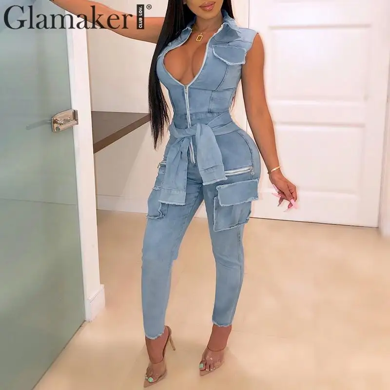 Женский джинсовый комбинезон Glamaker Синий Облегающий длинный на молнии шнуровке