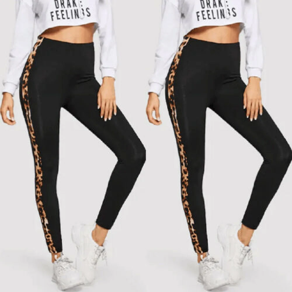 

Women Yoga Long Pants Side Leopard Patterns Wide Elastic Band High Waist Workout Pants Slim-Fit Wild Fashion Sport Bottoms