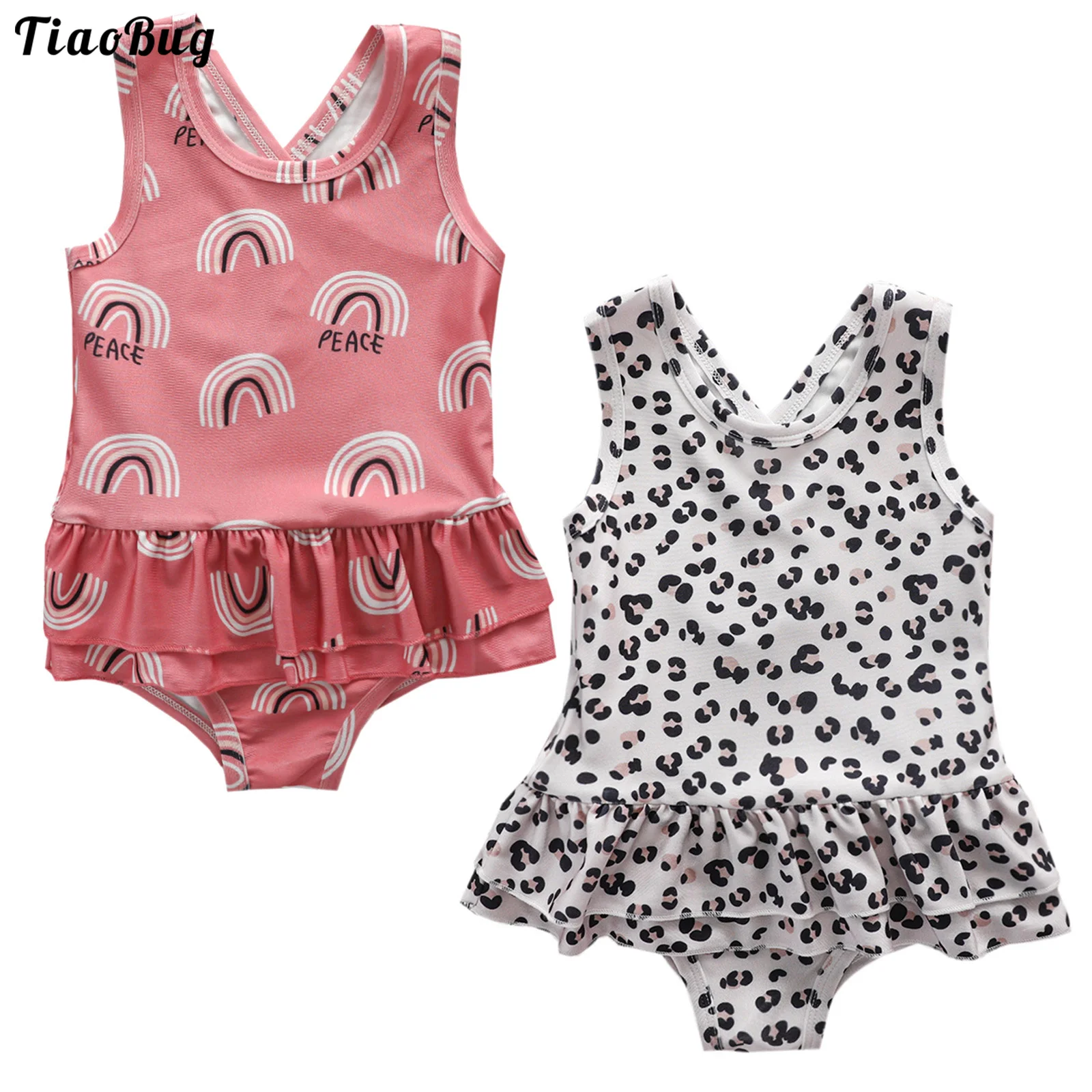 

TiaoBug Kids Girls One-Piece U Neck Sleeveless Straps Cross At Rear Keyhole Back Tiered Ruffle Hem Jumpsuit Swimsuit Swimwear