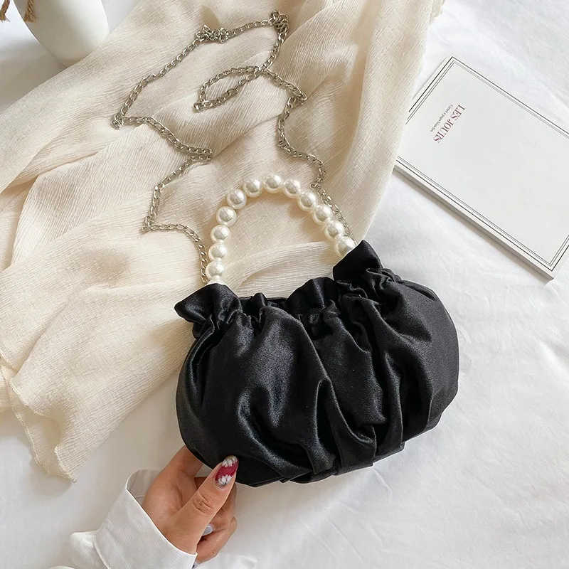 

Luxury Handbags Women Pearl Tote Bag Brand Designer Chain Messenger Bag Shoulder Bags Satin Soft Pleated Ladies Blue Silk Bags