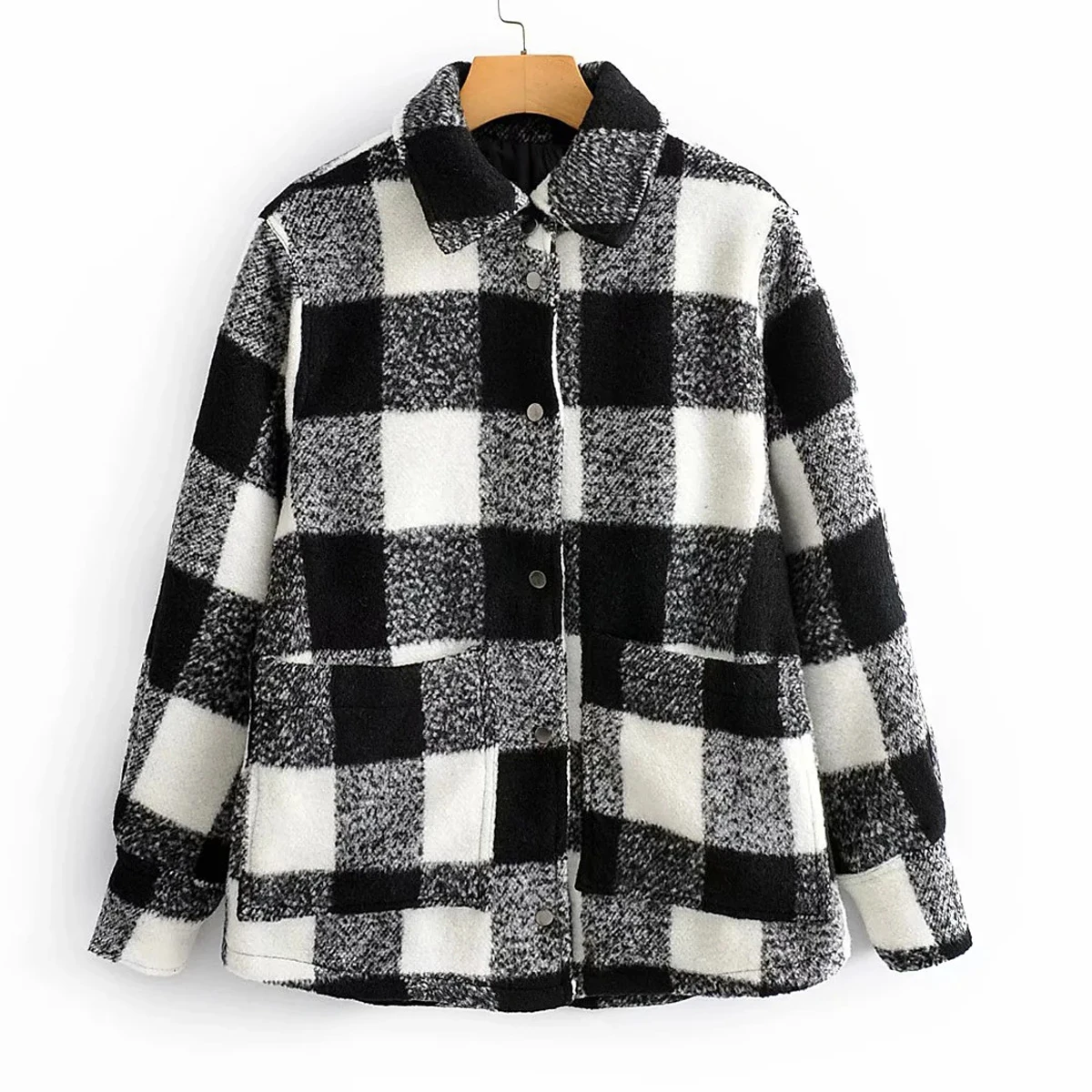 

Women Black White Plaid Overcoat Casual Lapel Pocket Blouse Style Woolen Jackets Lady Thick Warm Streetwear Fall Winter Outwear