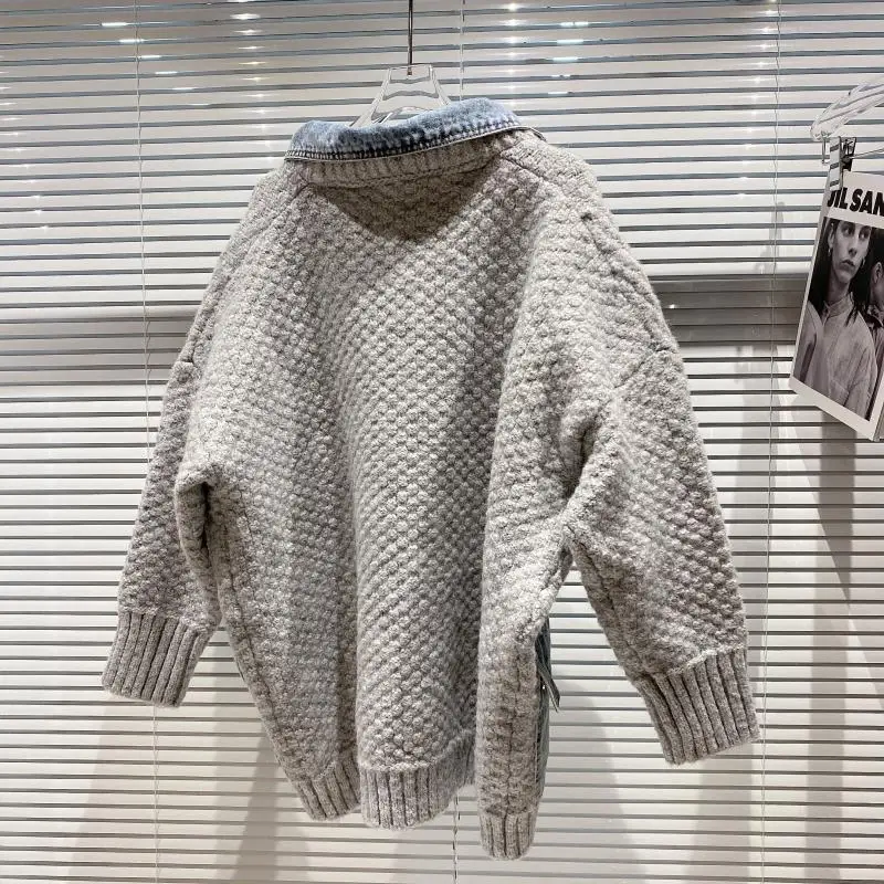 

2020 Autumn Winter New Women's Large Pocket Coarse Wool Stitching Denim Knitted Sweater Loose Cardigan Coat Lady Casual Outwear