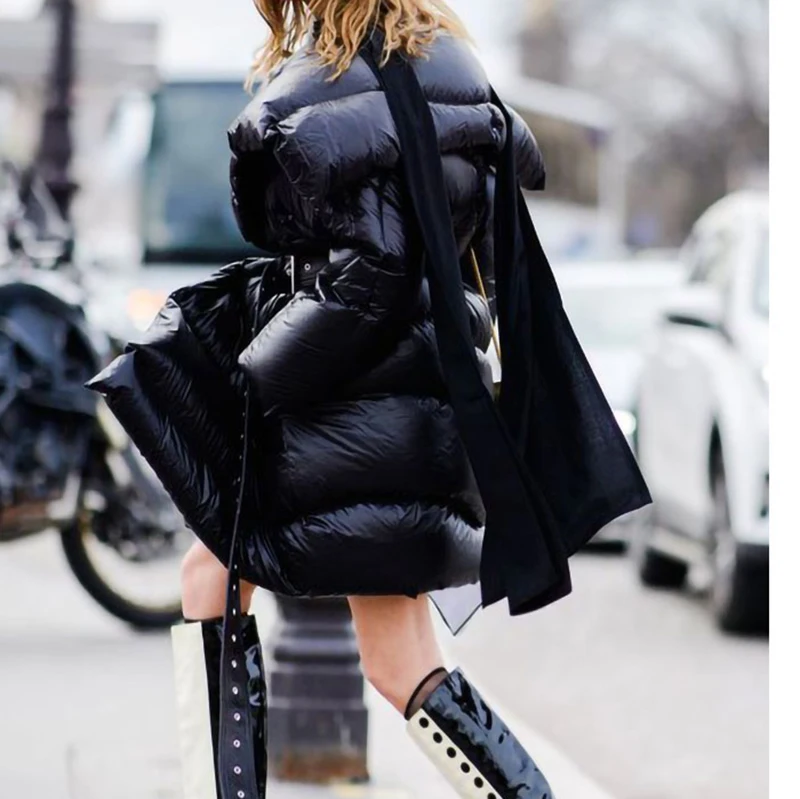 2019 Autumn Winter Woman New Black Long Sleeve Big Turn-down Collar Adjustable Waist Thick Irregular Down Jackets