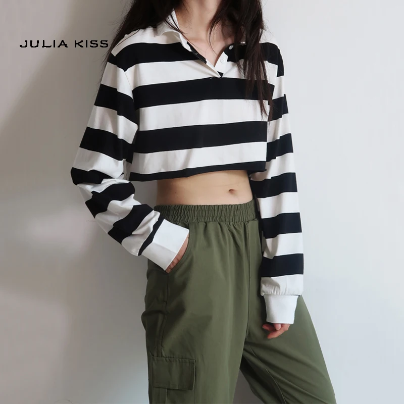 Женский Укороченный свитшот в полоску с воротником поло|Женские толстовки и