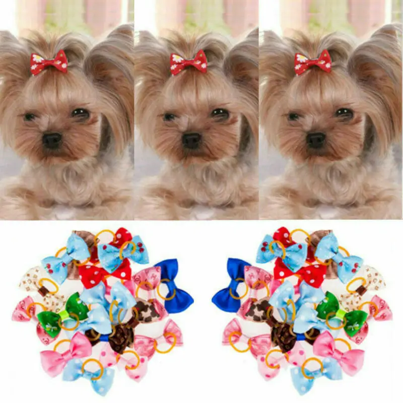 

20Pcs Cute Ribbon Pet Grooming Accessories Handmade Small Dog Cat Hair Bows With Elastic Rubber Band Mix Color