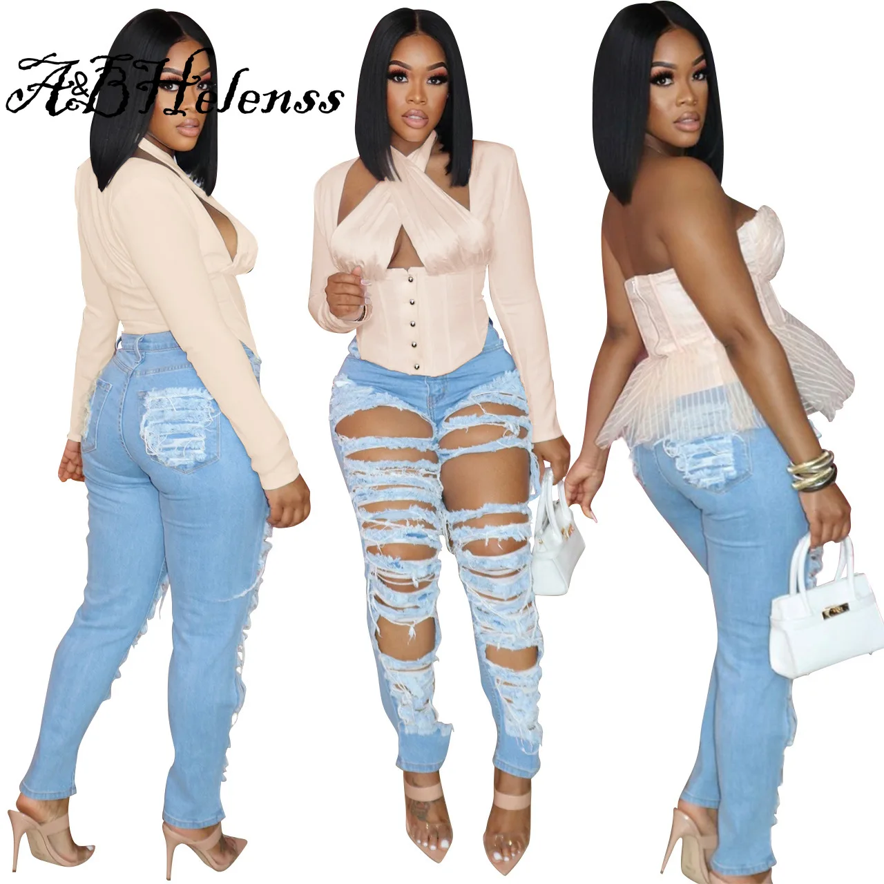 

Summer 2021 New Female Fashion Jeans Washed and Worn Process Straight Jeans Ripped Women