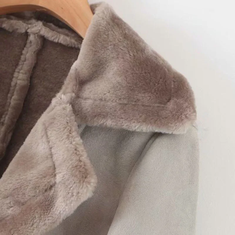 Buckskin/Женская куртка с длинными рукавами на молнии с отворотом; Новинка года; зимняя теплая Женская куртка в стиле Харадзюку с мехом; топ в стиле ретро