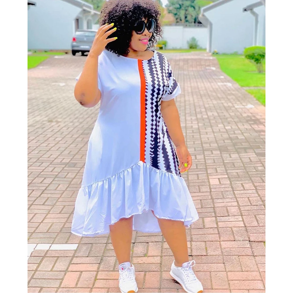 

My Hunkle 2021 Africa Abaya Dubai New Plus Size Loose High Collar Short Sleeve Half Pleated Skirt Dress C02