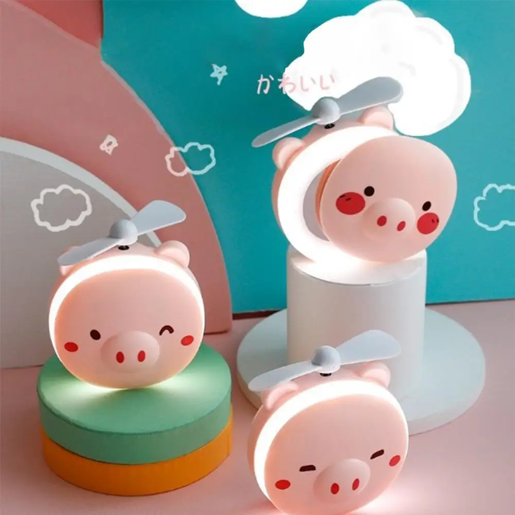 

2021 Piggy Beauty Makeup Mirror Fan USB Rechargeable Mini Cute Led Light Portable Mini Fan Pig Mirror Makeup Tools Drop Shipping