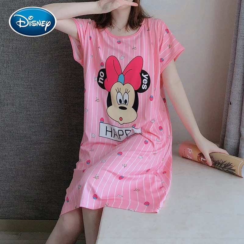 Disney Cartoon Mouse Minnie Print Night Dress New Women Nightgown Loose Short Sleeve Sleepshirts Nightdress Lovely Pajamas