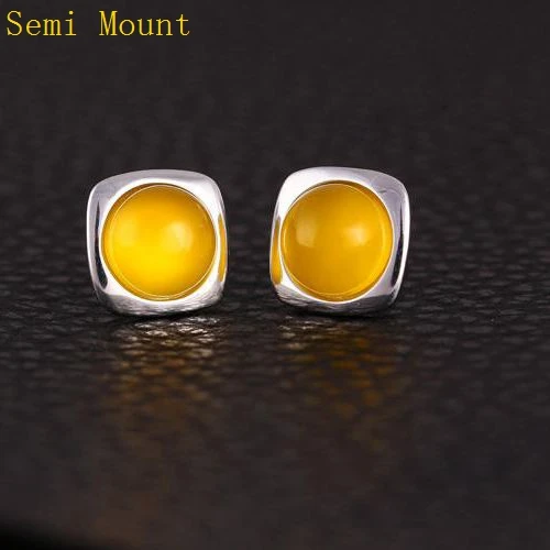 

925 Sterling Silver Semi Mount Earrings Fine Jewelry Setting for 6x6mm / 7x7mm Round Cabochon Amber Agate Opal Gemstone