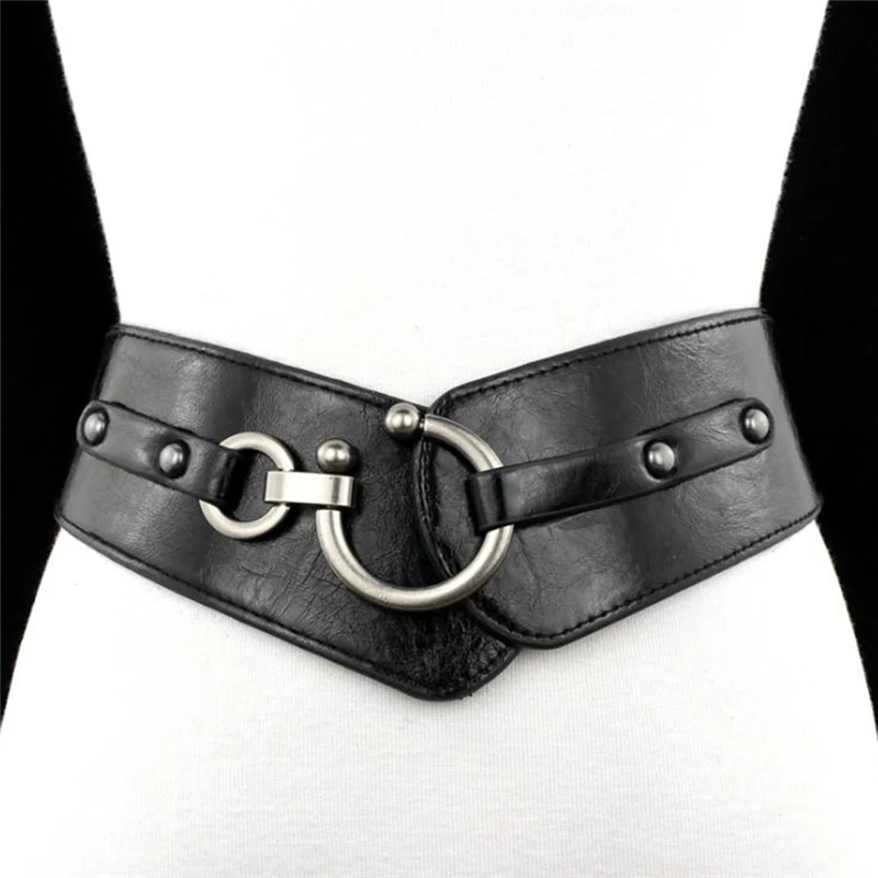 

New Fashion Elastic Wide Belt Strap Vintage Women Faux Leather Buckle Elastic Wide Belt Strap Solid Color Waistband