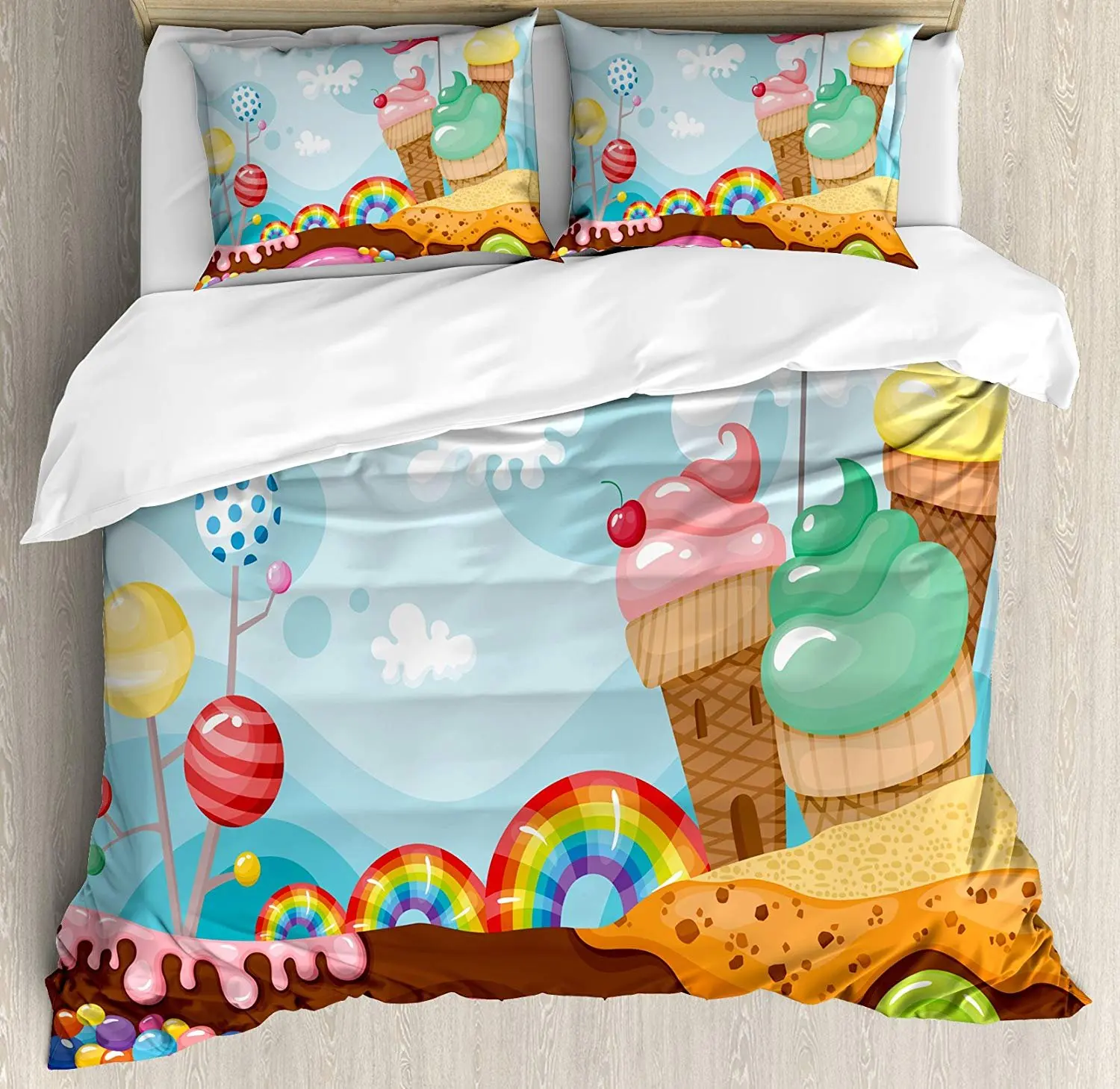 

Ice Cream Decor Bedding Set Dessert Land with Rainbow Candies Lollipop Trees Cupcake Mountains Cartoon Duvet Cover Pillowcase