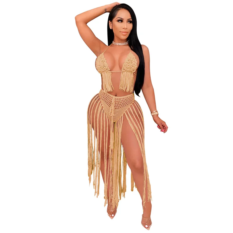 

Bathing Suit Women Wholesale Items Bikinis Set Summer 2 Peice Set Sexy Fashion Tassel Beach Bra and Skirt Sets Dropshipping