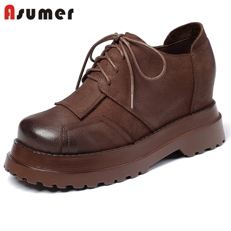 

Asumer 2021 Hot Sale Genuine Leather Shoes Women Wedges Platform Shoes Lace Up Top Quality Vintage Shoes Women Pumps