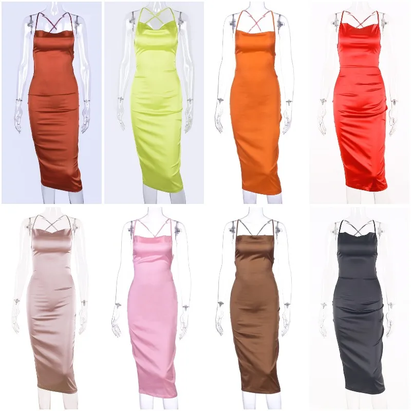 Атласное платье комбинация с открытой спиной на бретельках|Женские платья| |