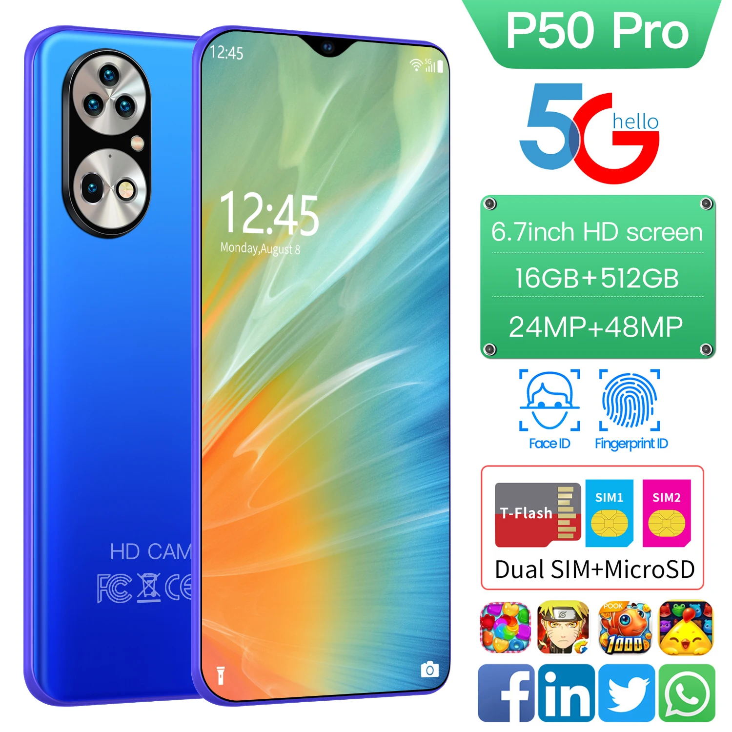 

Smartphones Huawa P50 Pro 6.7" 6000mAh 512GB Dual SIM Global Version Phone MTK6989 10 Core 48MP Cellphones