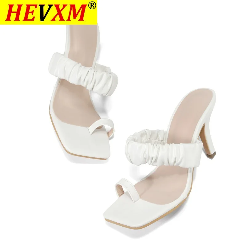 

2021 Slippers Women Pleated Mid Heel Shoes Square Toe Block Heels Slides Female Summer Sandals Ladies White Large Size 35-42