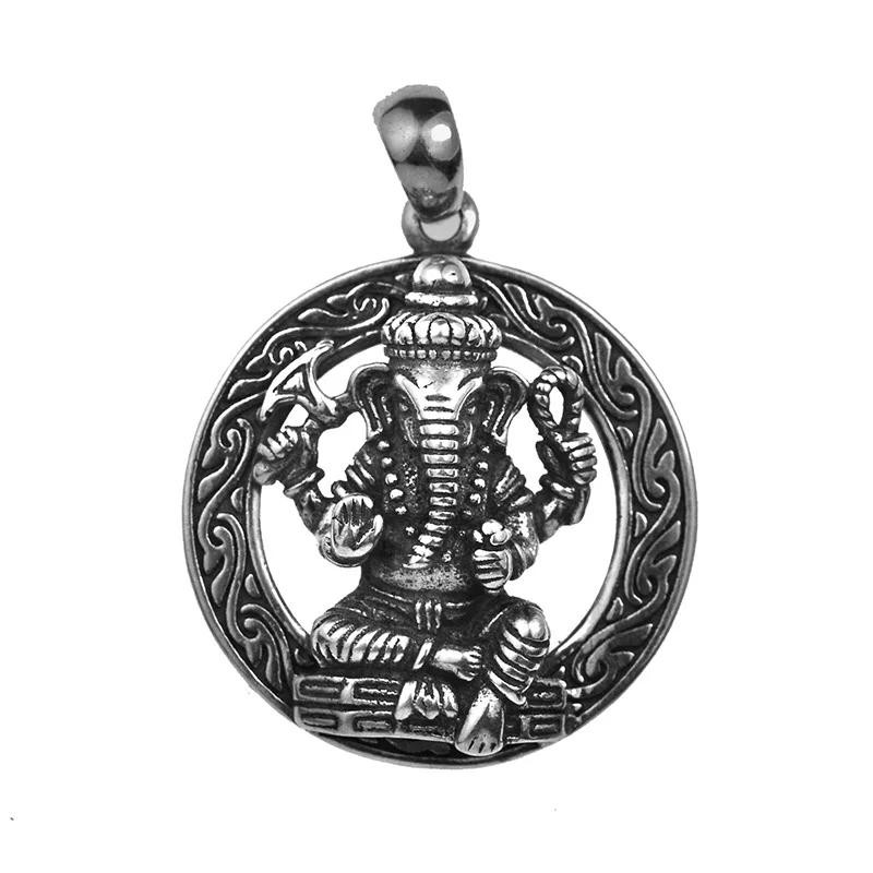 

925 Sterling Silver Ganesha Elephant Pendant For Men And Women Big Round Retro Thai Silver Retro Hindu Buddhist Jewelry