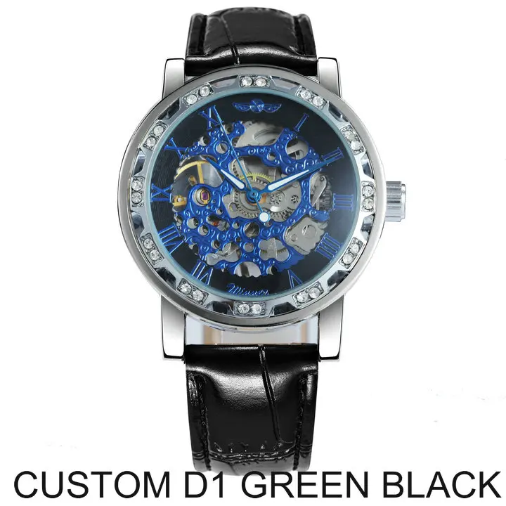 D1 GREEN BLACK WINNER официальный бренд роскошные часы мужские Скелет механические часы Кристалл Iced Out Кожаный ремешок наручные часы подарок для влюбленных - Цвет: D1 GREEN BLACK