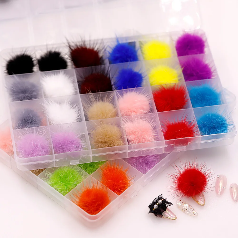 

24Pcs/Box Soft Touch Nail Pom Poms Trendy Charms Puffy Ball Fluffy Kit Pendant Jewelry 3D Detachable Nail Colorful Supplies