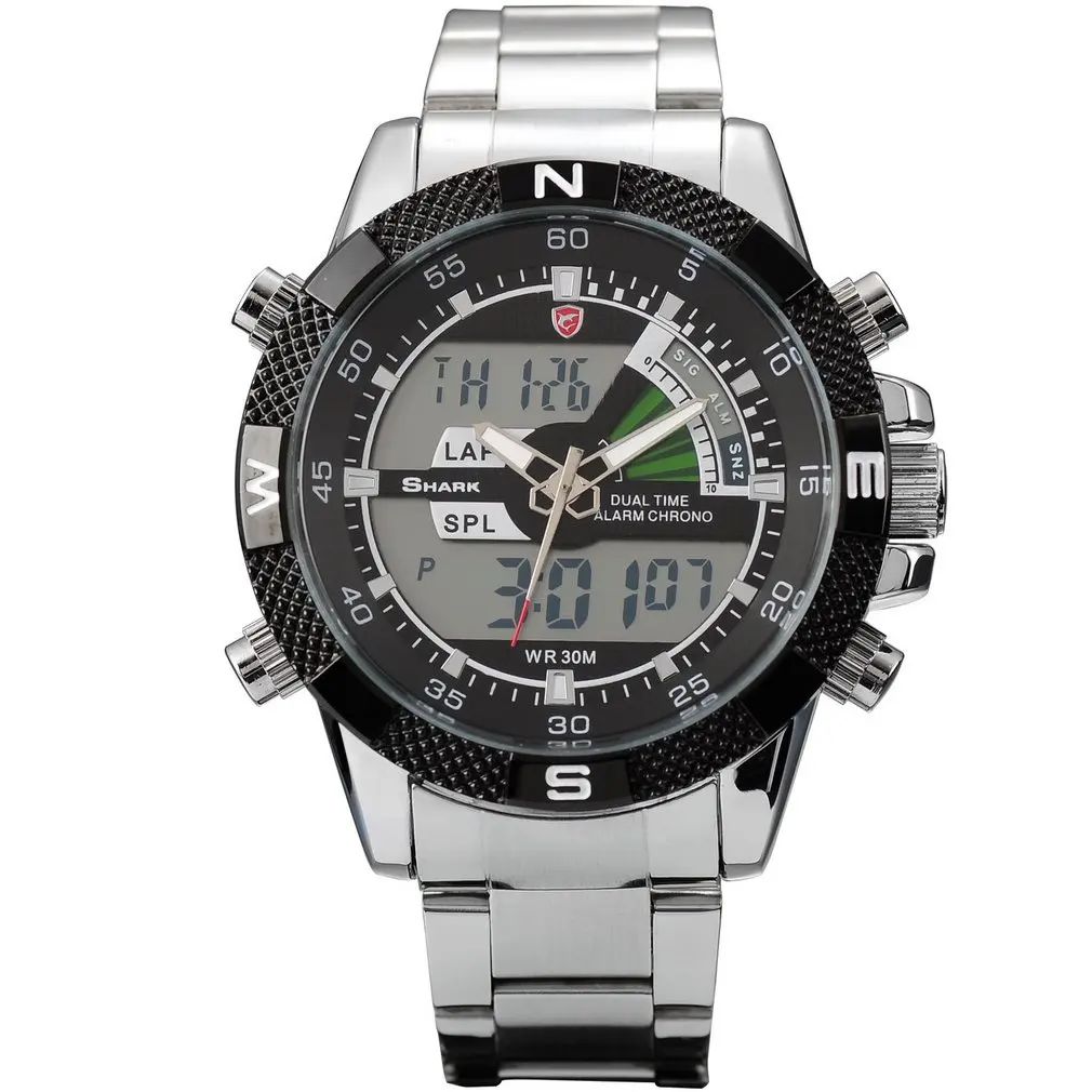 Стальные спортивные часы Porbeagle SHARK роскошные черные Цифровые мужские кварцевые
