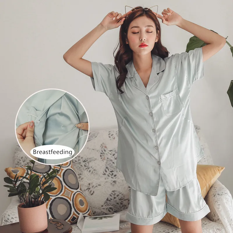

Summer Thin Ice Silk Postpartum Short-Sleeved Sleepwear Pregnancy Home Service Breastfeeding Pregnant Women Pajamas Suit